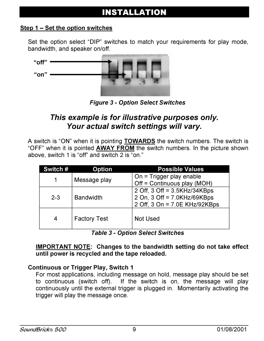 Avaya 500 operation manual Installation, Set the option switches, Off, Switch # Option Possible Values 