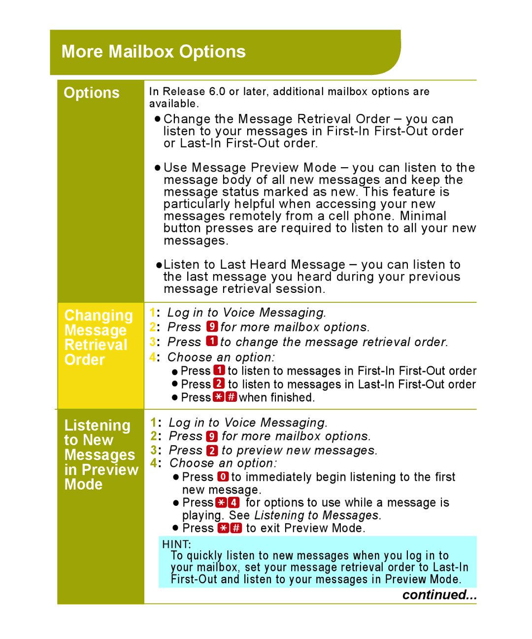 Avaya 518-100-701 manual More Mailbox Options 