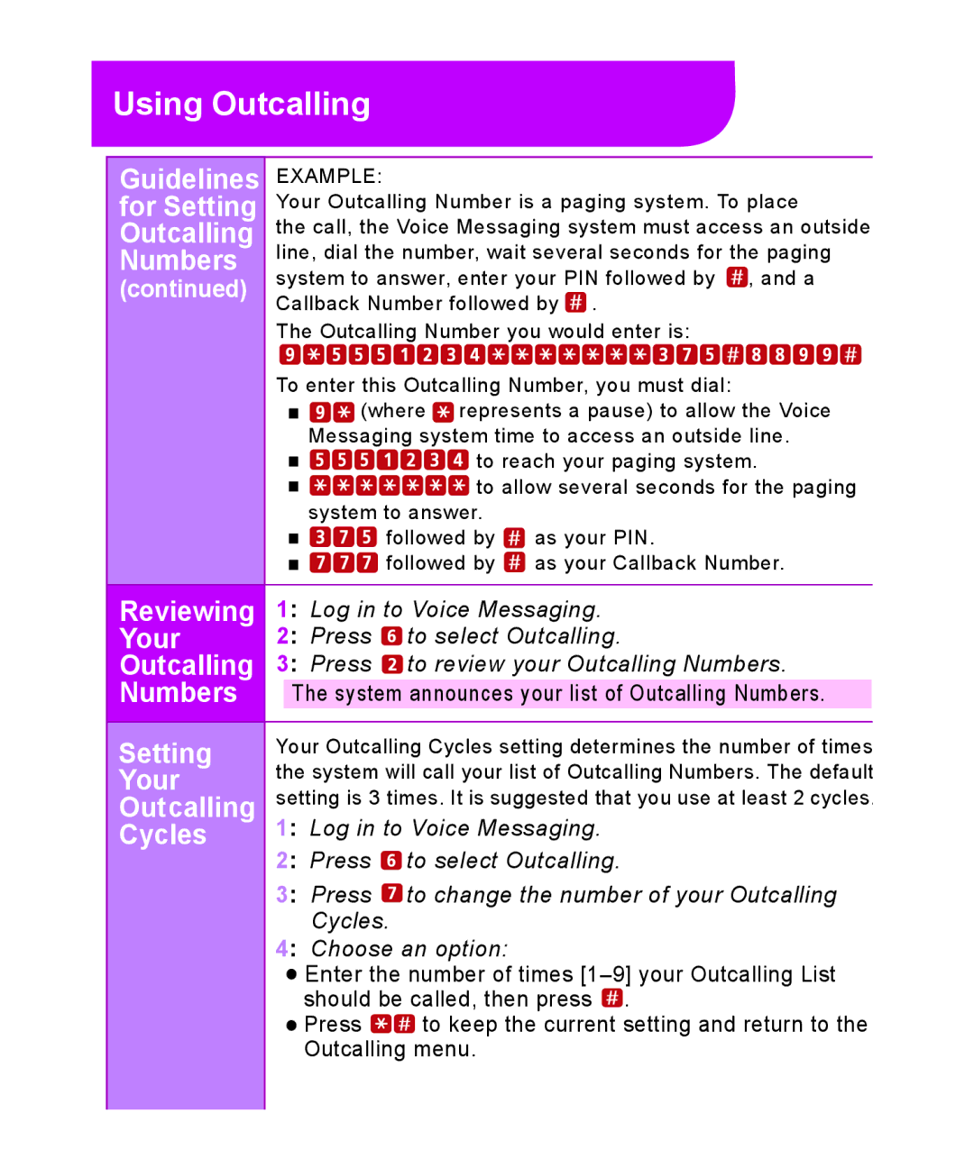 Avaya 518-100-701 manual Cycles, For Setting, Reviewing, Press To review your Outcalling Numbers 