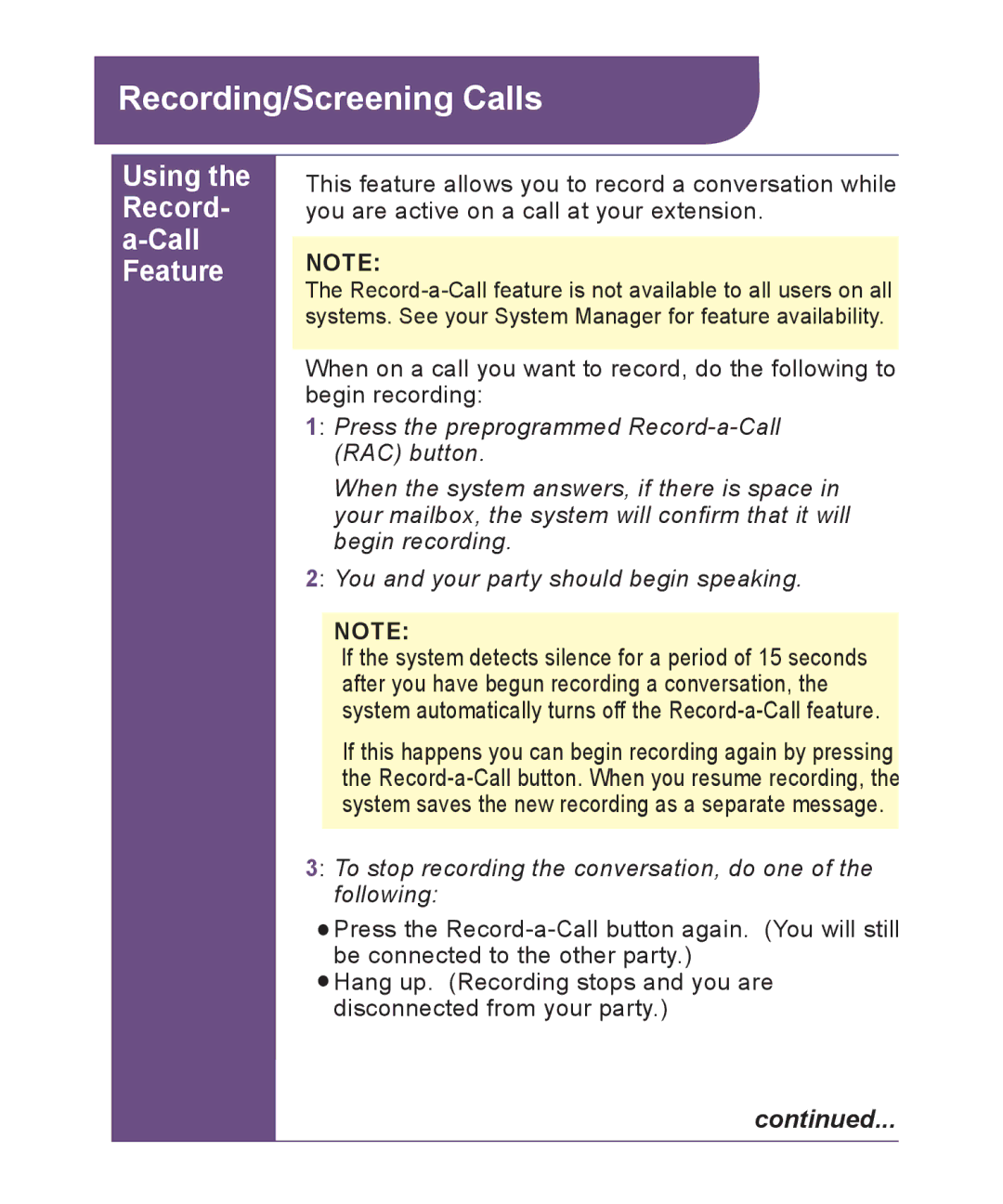 Avaya 518-100-701 manual Recording/Screening Calls, Using the Record- a-Call Feature 