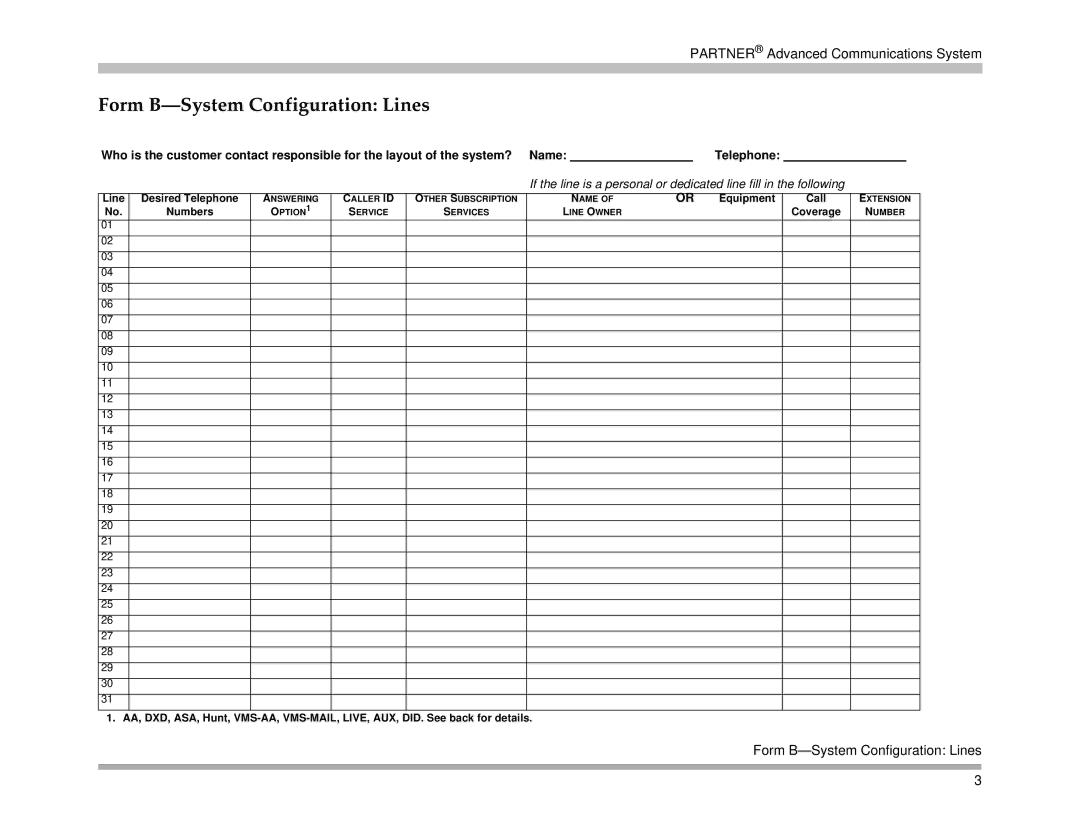 Avaya 518-456-161 manual Form B-System Configuration Lines, Equipment Call 