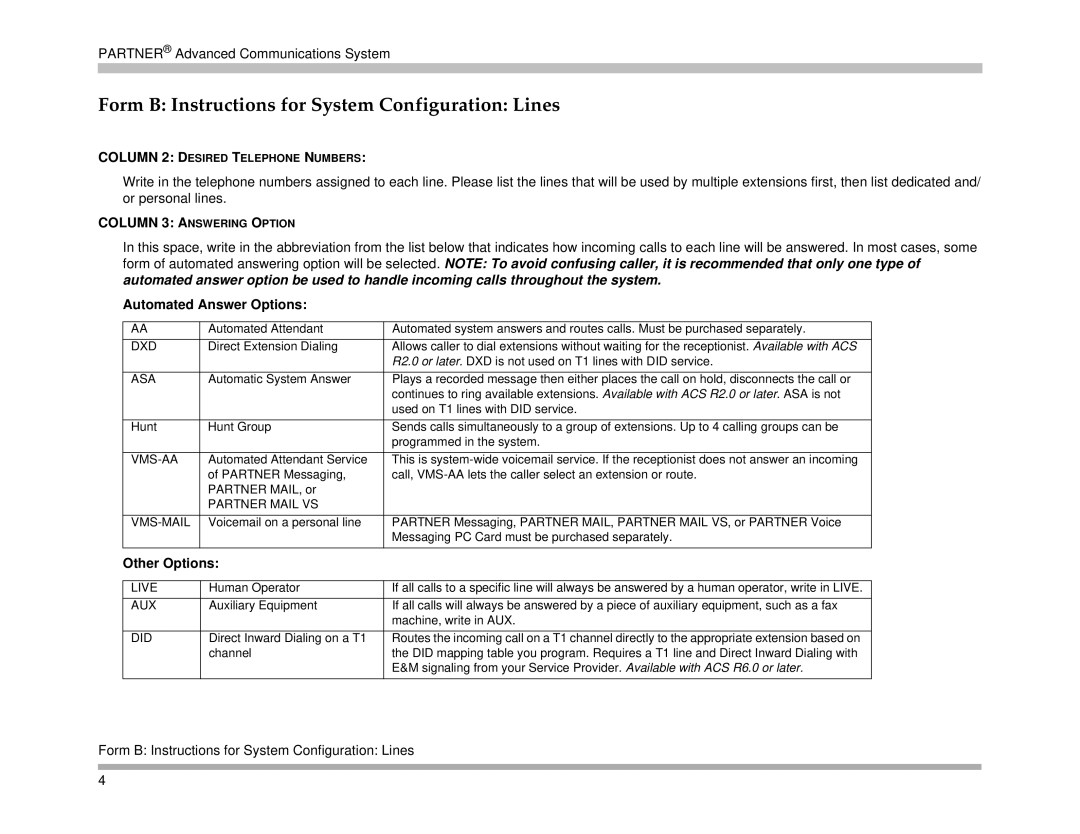 Avaya 518-456-161 manual Form B Instructions for System Configuration Lines, Automated Answer Options, Other Options 