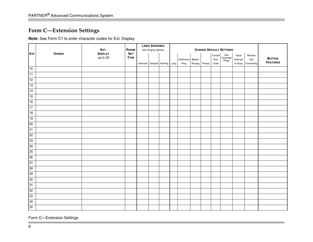 Avaya 518-456-161 manual Form C-Extension Settings 