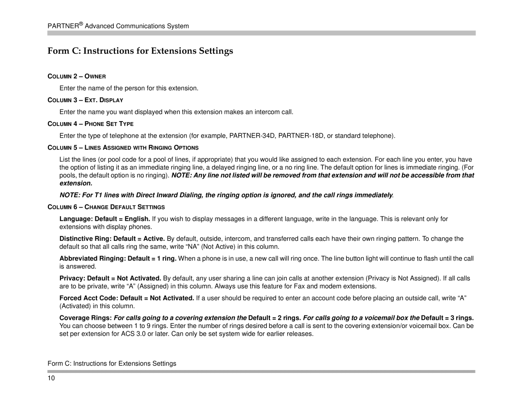 Avaya 518-456-161 manual Form C Instructions for Extensions Settings 