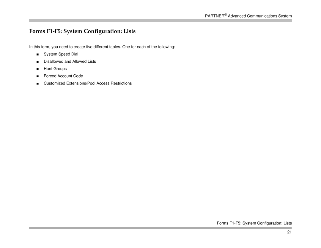 Avaya 518-456-161 manual Forms F1-F5 System Configuration Lists 