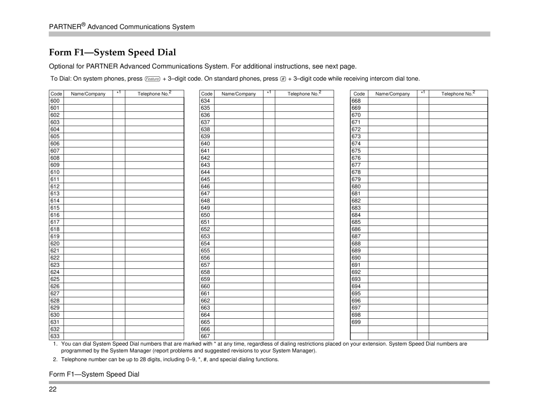 Avaya 518-456-161 manual Form F1-System Speed Dial 