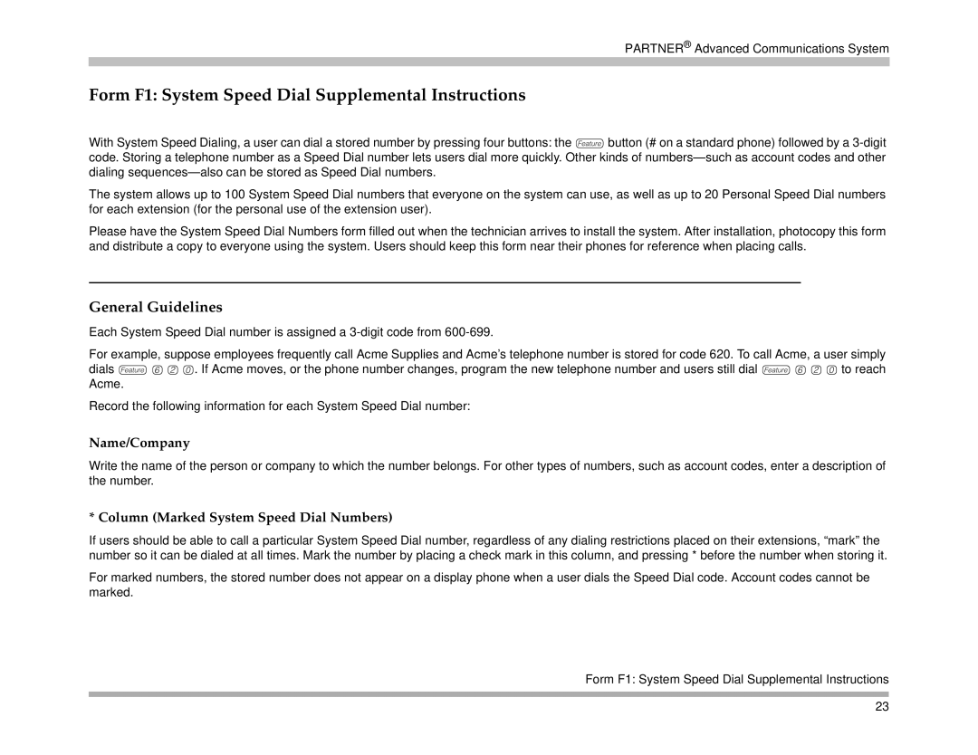 Avaya 518-456-161 manual Form F1 System Speed Dial Supplemental Instructions, General Guidelines 