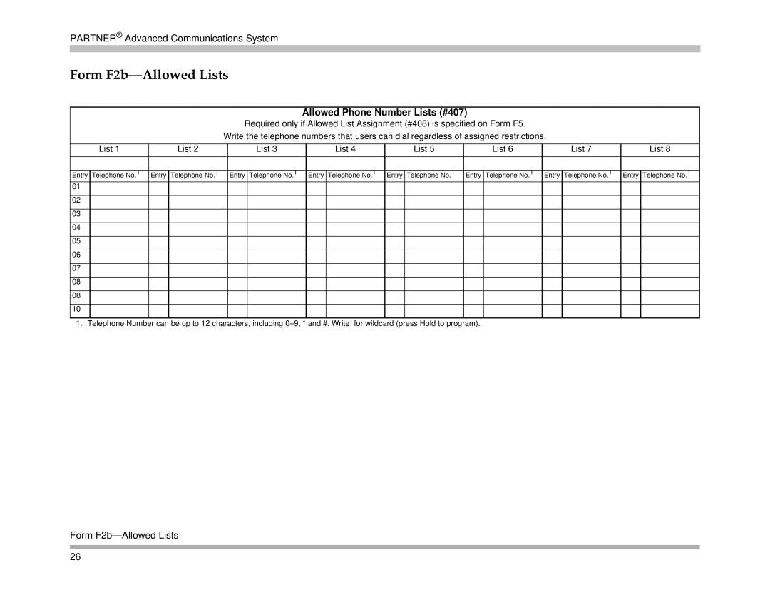 Avaya 518-456-161 manual Form F2b-Allowed Lists, Allowed Phone Number Lists #407 