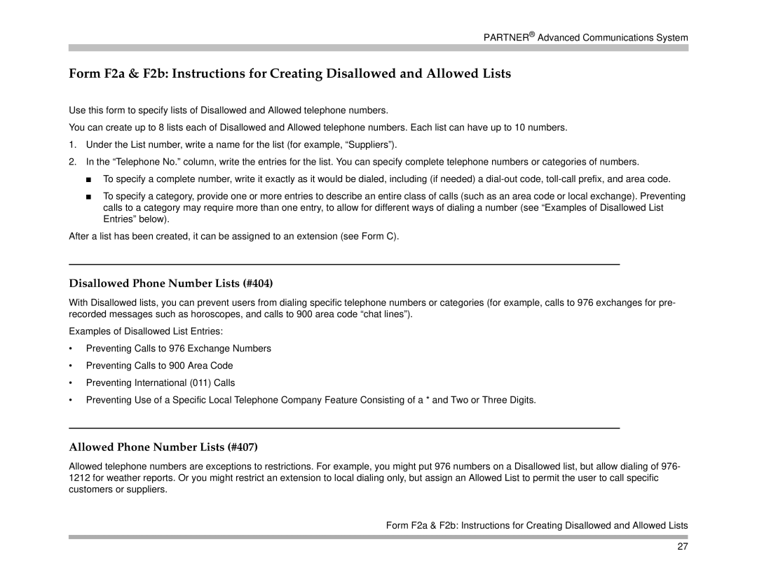 Avaya 518-456-161 manual Disallowed Phone Number Lists #404, Allowed Phone Number Lists #407 