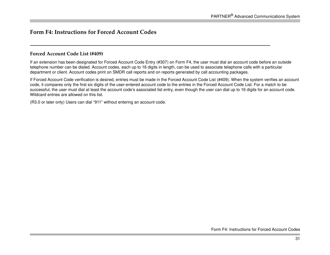 Avaya 518-456-161 manual Form F4 Instructions for Forced Account Codes, Forced Account Code List #409 