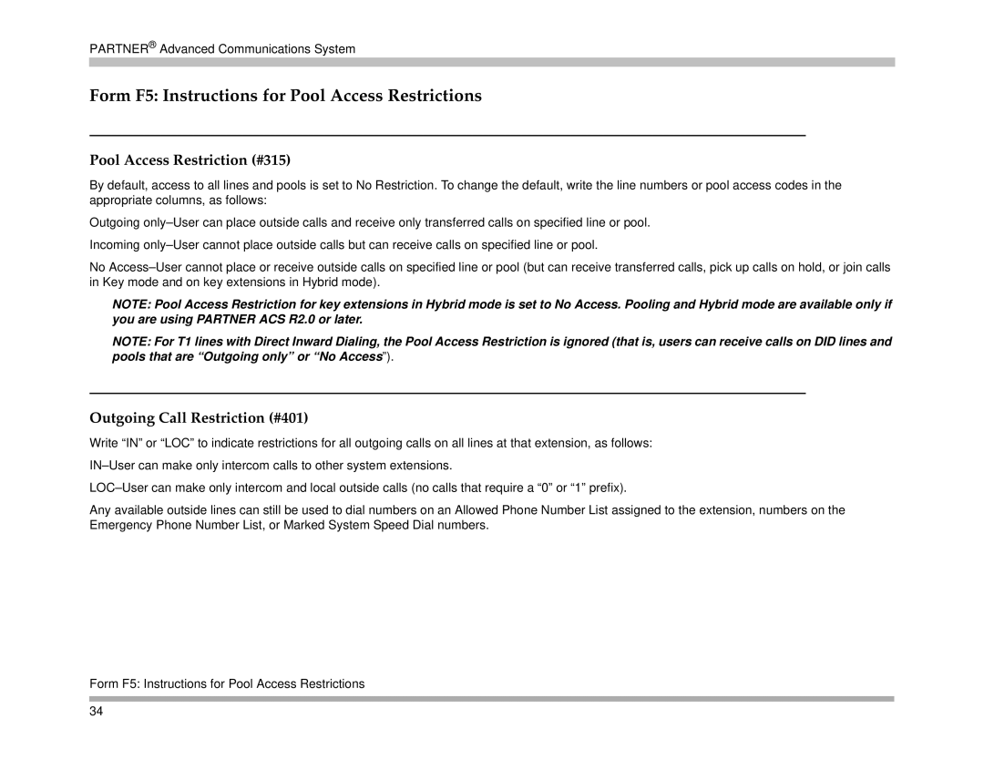 Avaya 518-456-161 manual Form F5 Instructions for Pool Access Restrictions, Pool Access Restriction #315 