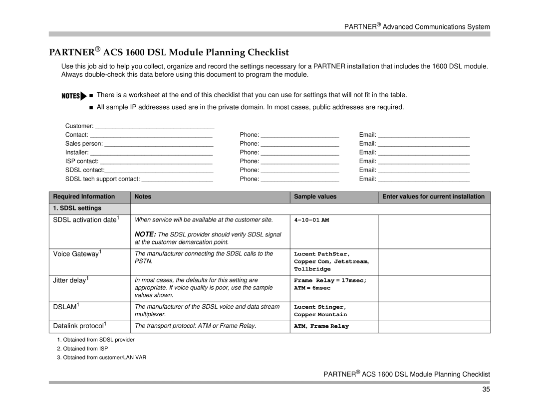 Avaya 518-456-161 manual Partner ACS 1600 DSL Module Planning Checklist, Sdsl activation date1 