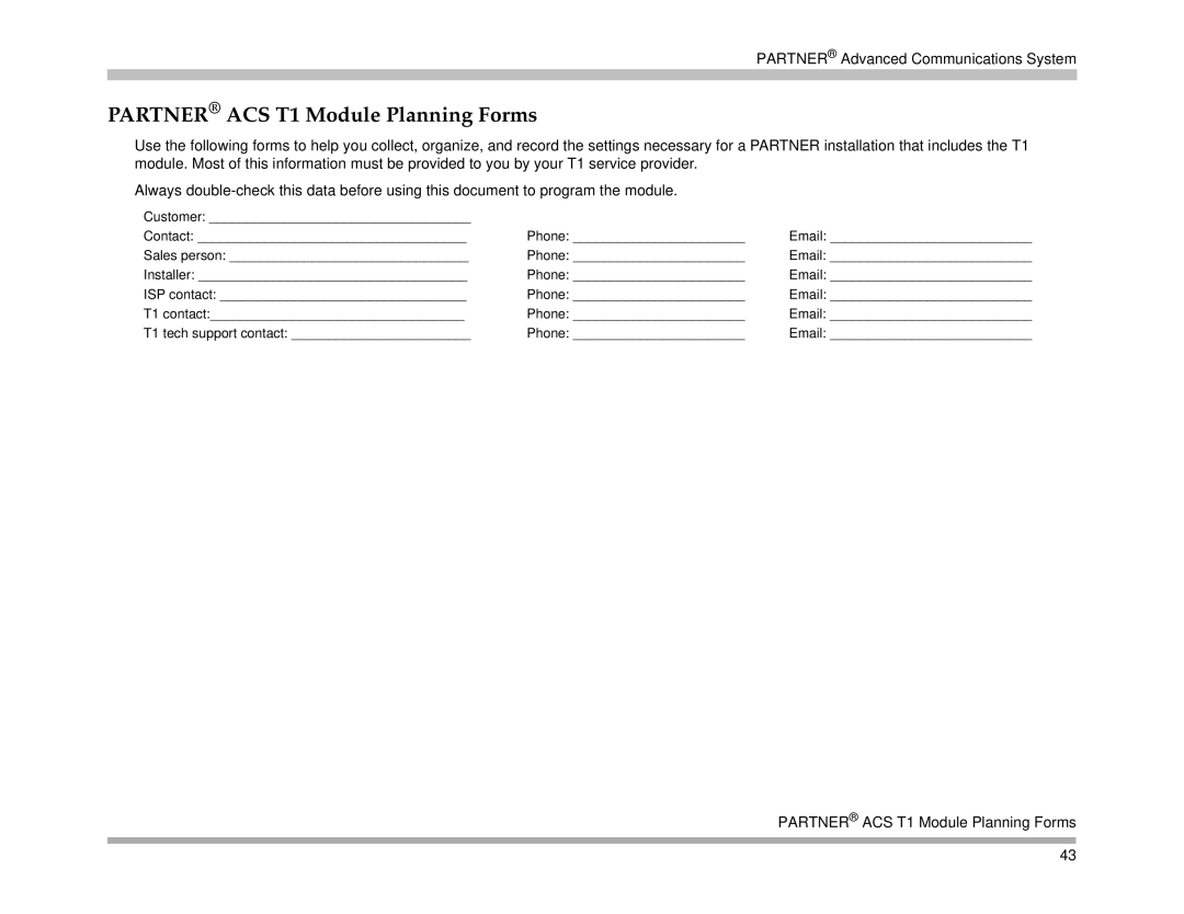 Avaya 518-456-161 manual Partner ACS T1 Module Planning Forms 