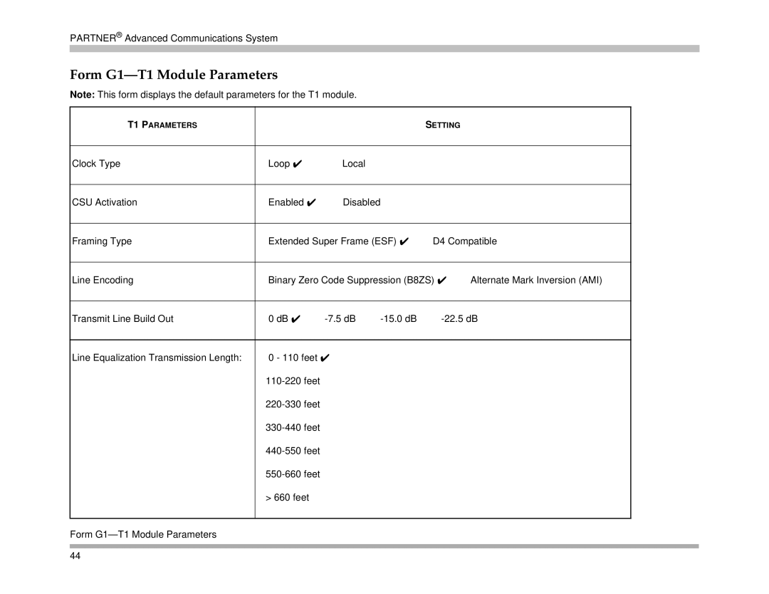 Avaya 518-456-161 manual Form G1-T1 Module Parameters 