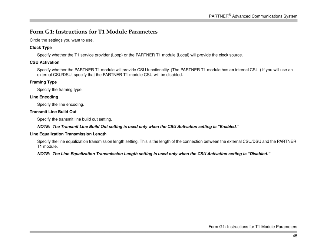 Avaya 518-456-161 manual Form G1 Instructions for T1 Module Parameters 