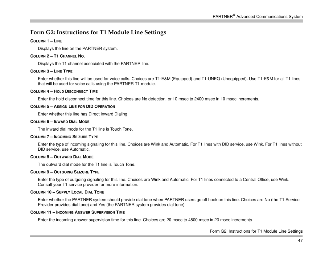 Avaya 518-456-161 manual Form G2 Instructions for T1 Module Line Settings 