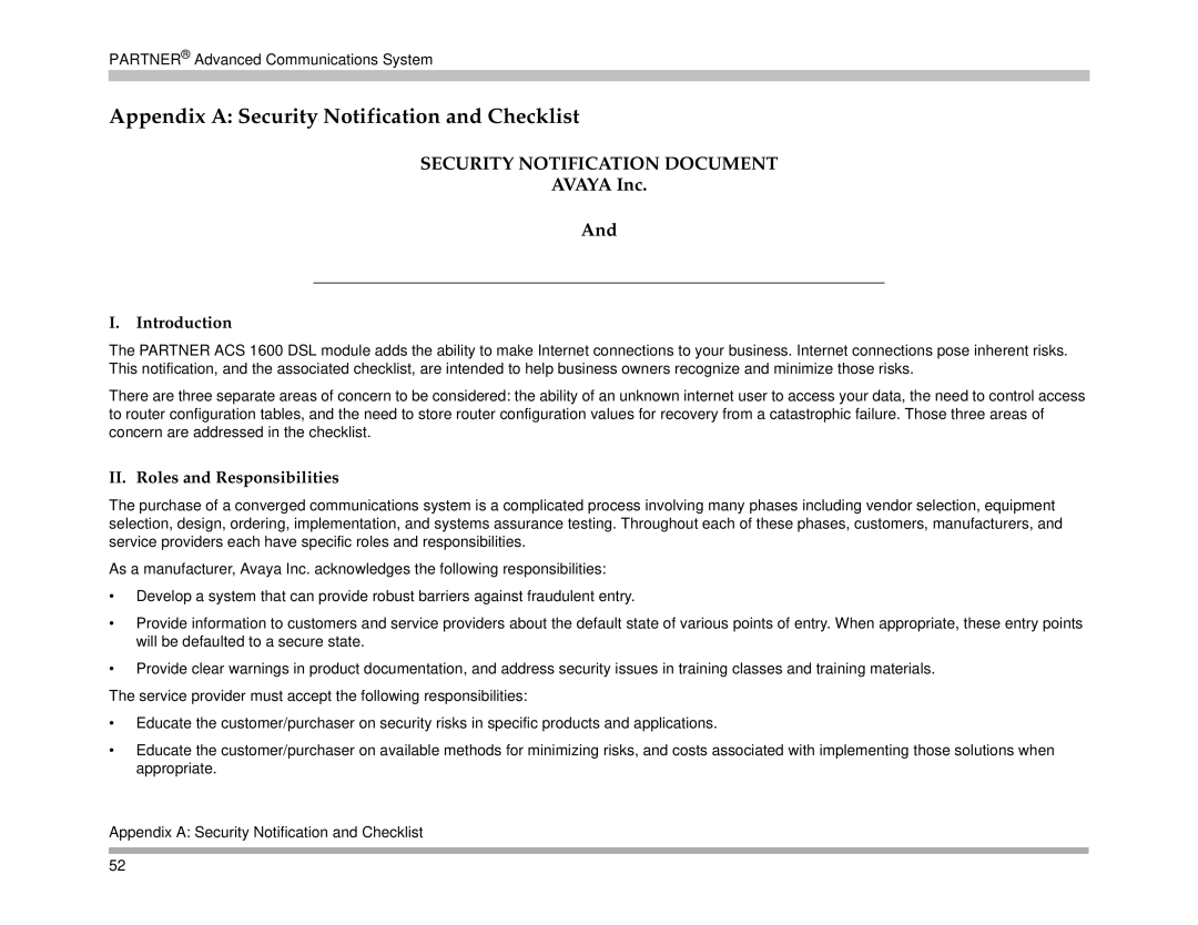 Avaya 518-456-161 manual Appendix a Security Notification and Checklist, Avaya Inc 