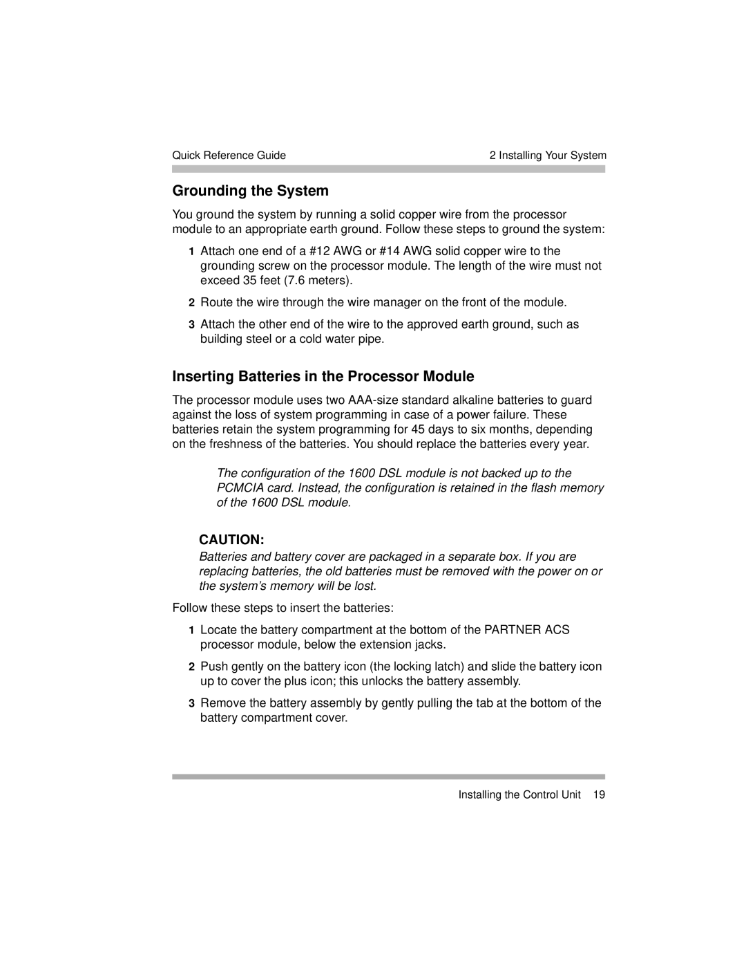 Avaya 518-456-804 manual Grounding the System, Inserting Batteries in the Processor Module 