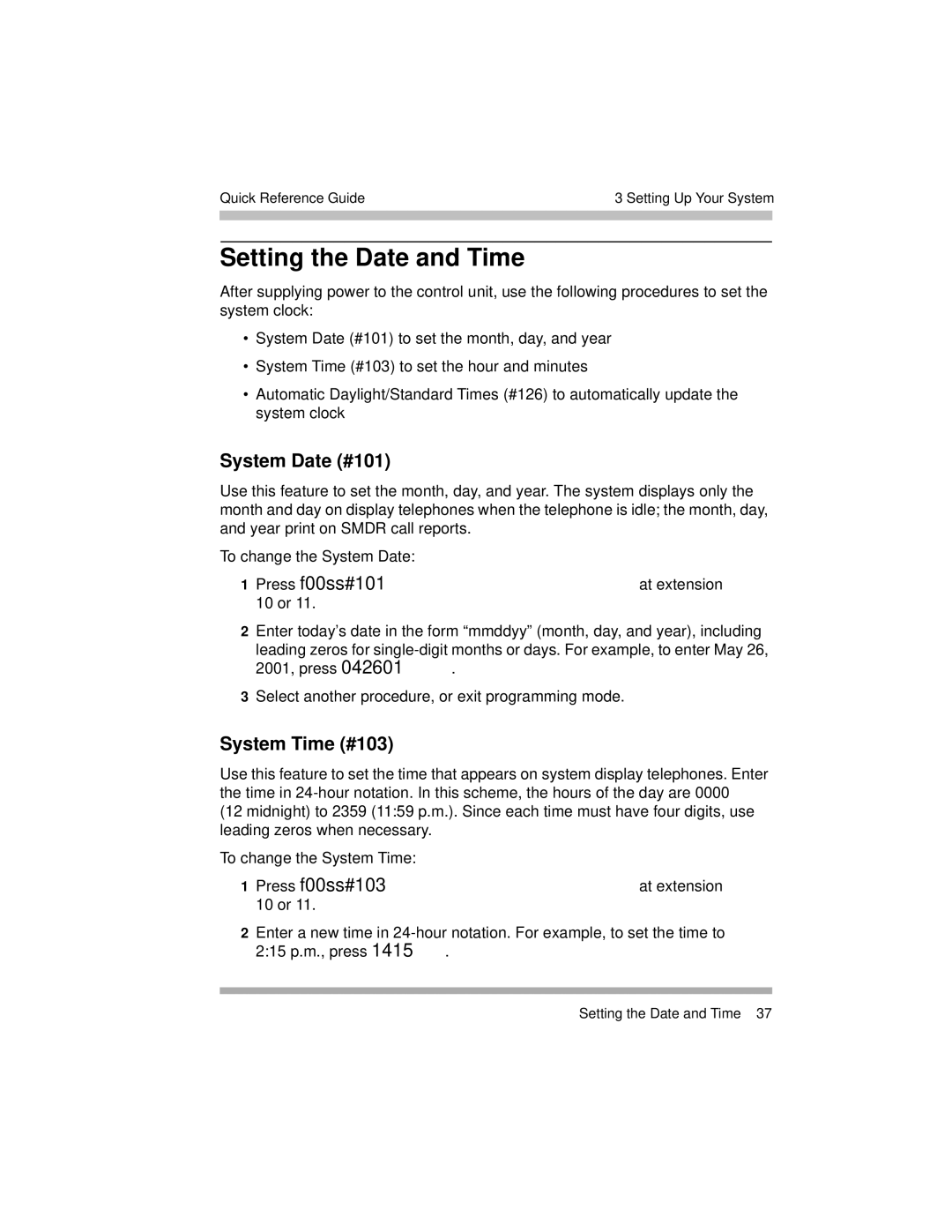 Avaya 518-456-804 manual Setting the Date and Time, System Date #101, System Time #103 