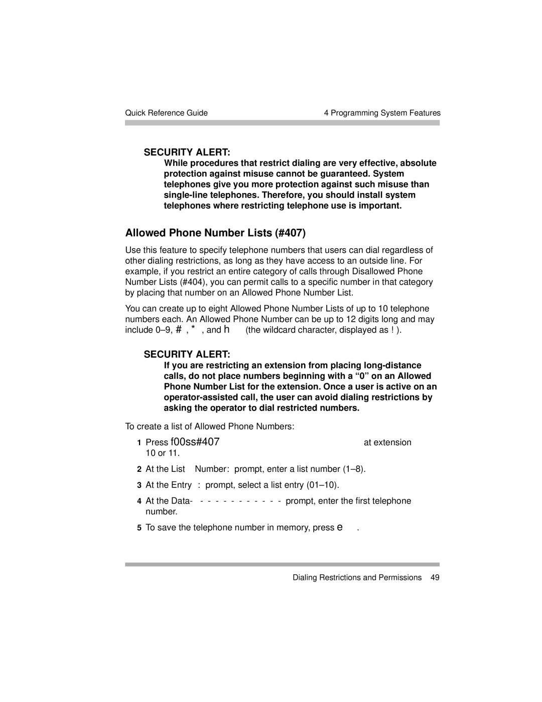 Avaya 518-456-804 manual Allowed Phone Number Lists #407, Security Alert 