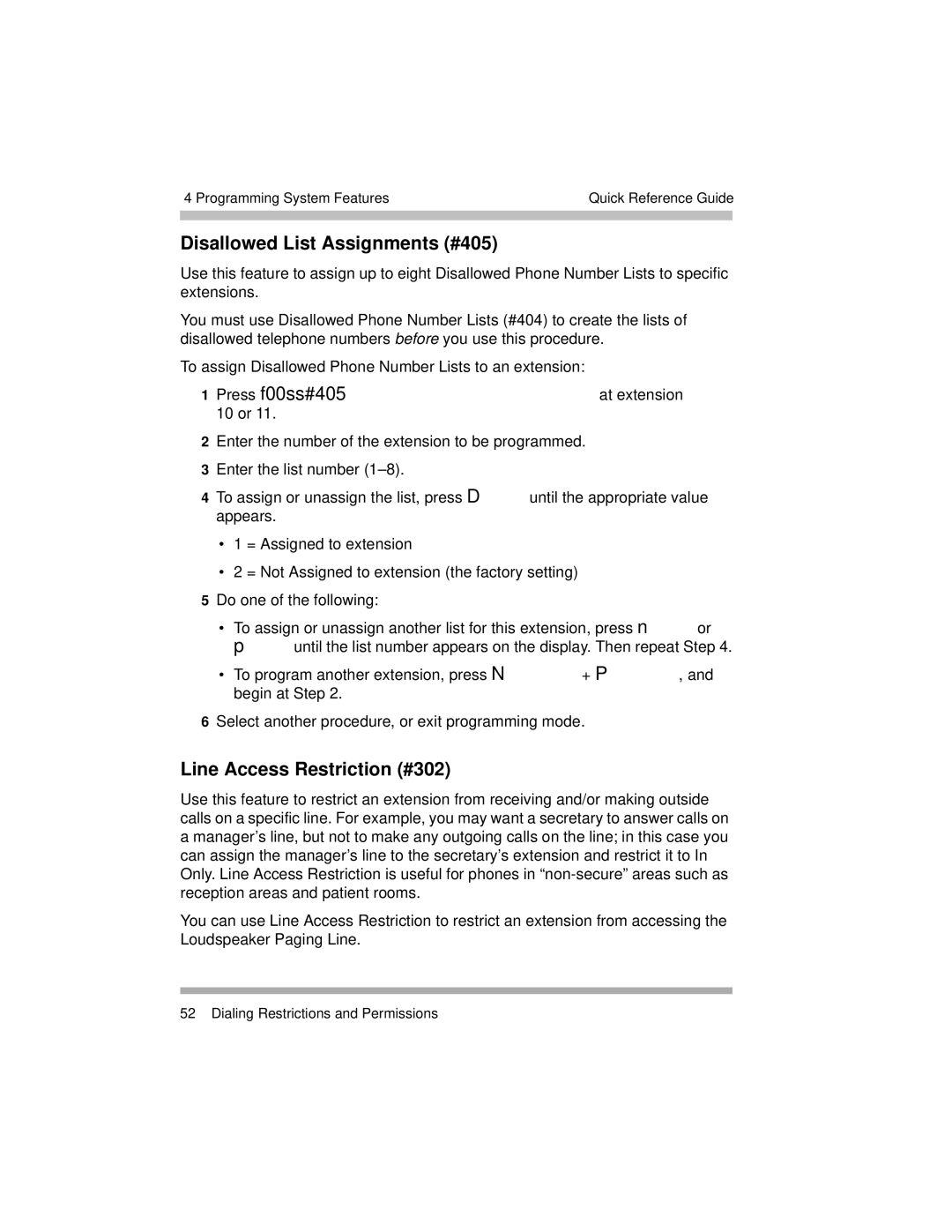 Avaya 518-456-804 manual Disallowed List Assignments #405, Line Access Restriction #302 