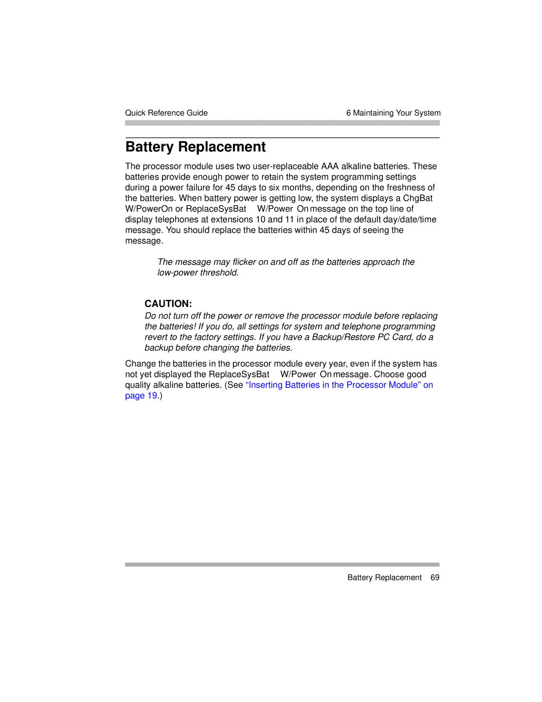 Avaya 518-456-804 manual Battery Replacement 