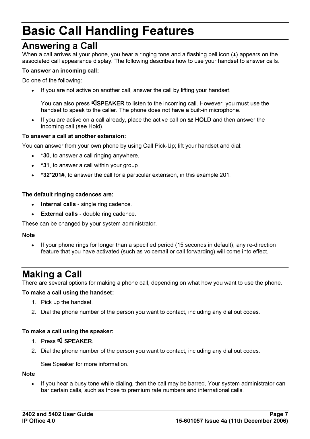 Avaya 2402, 5402 manual Basic Call Handling Features, Answering a Call, Making a Call 