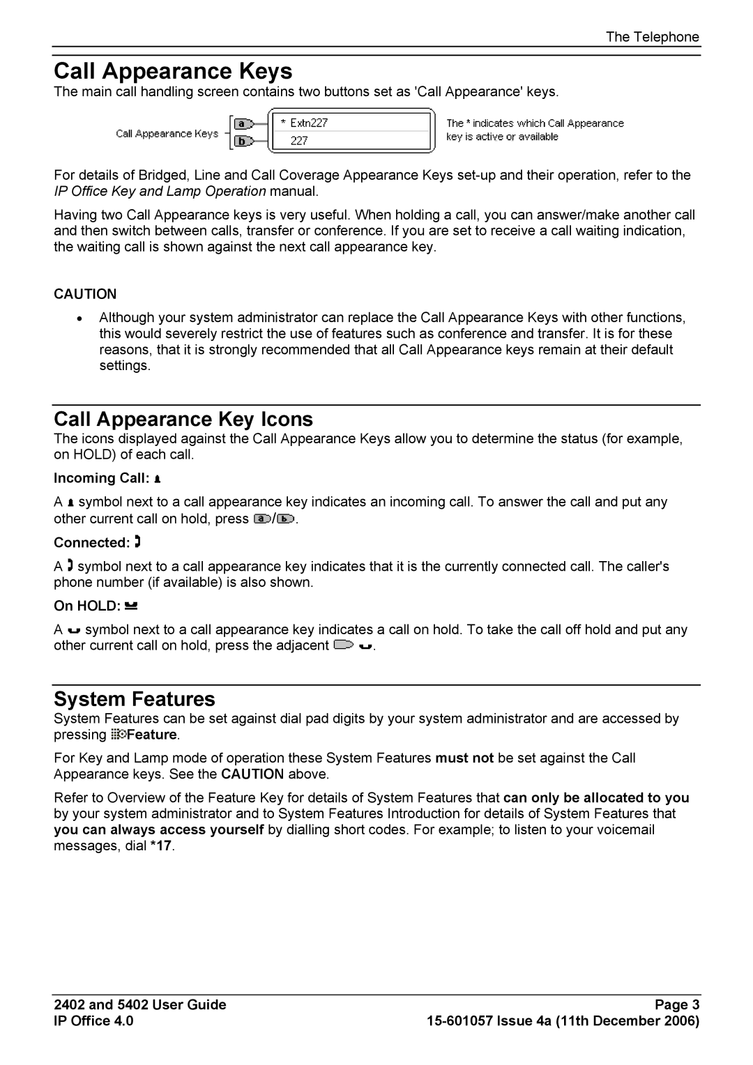 Avaya 2402, 5402 manual Call Appearance Keys, Incoming Call, Connected, On Hold 