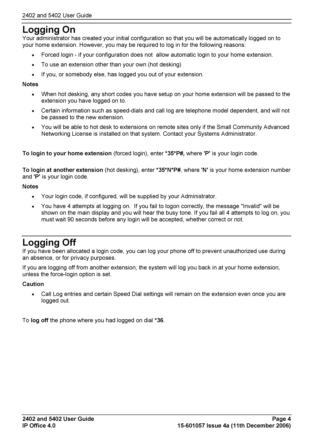 Avaya 5402, 2402 manual Logging On, Logging Off 