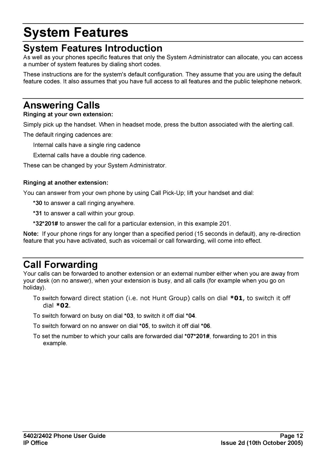 Avaya 5402 manual System Features Introduction, Answering Calls, Call Forwarding 