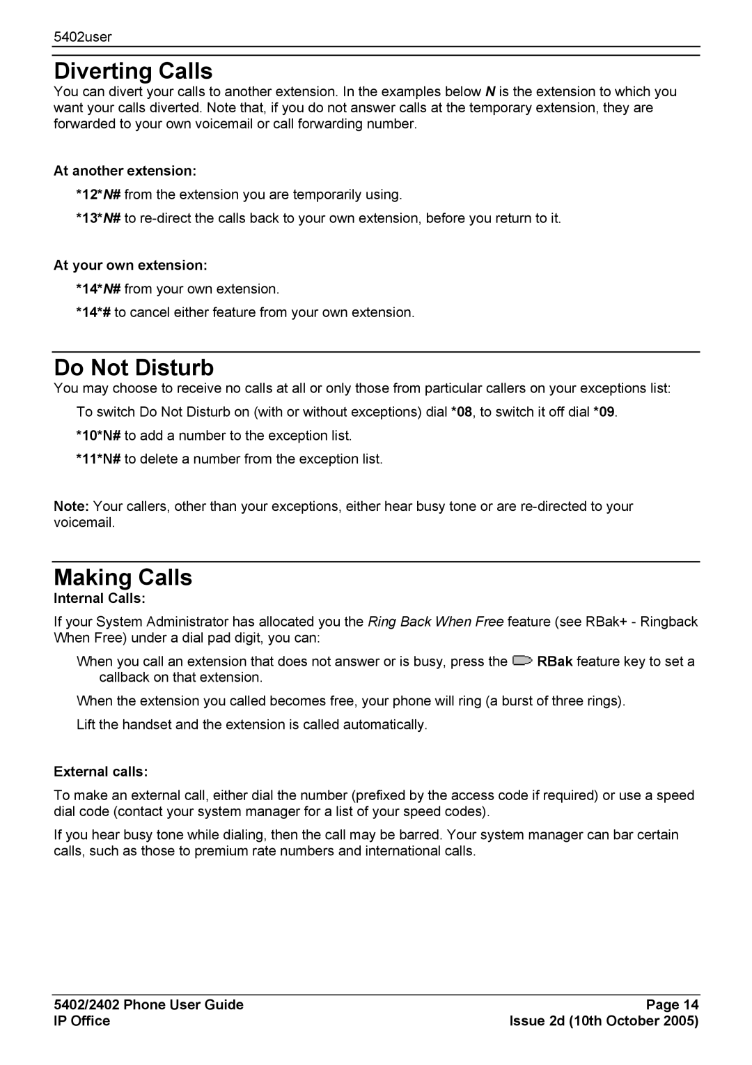 Avaya 5402 manual Diverting Calls, Do Not Disturb, Making Calls 