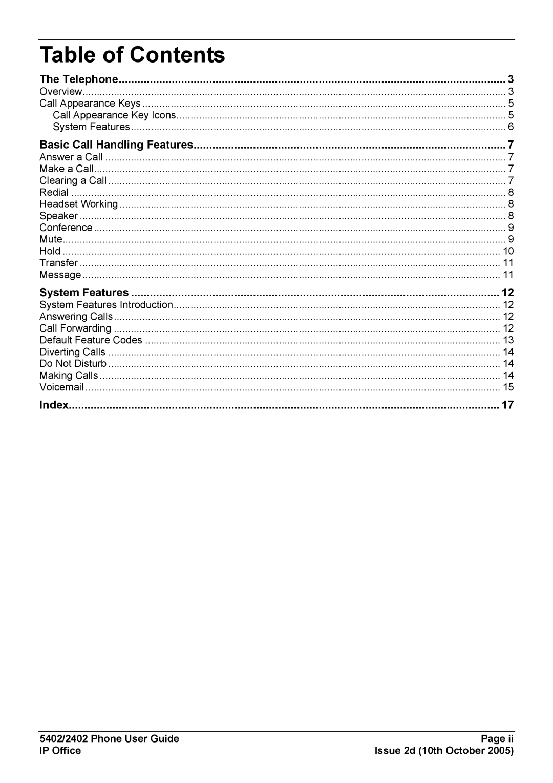 Avaya 5402 manual Table of Contents 