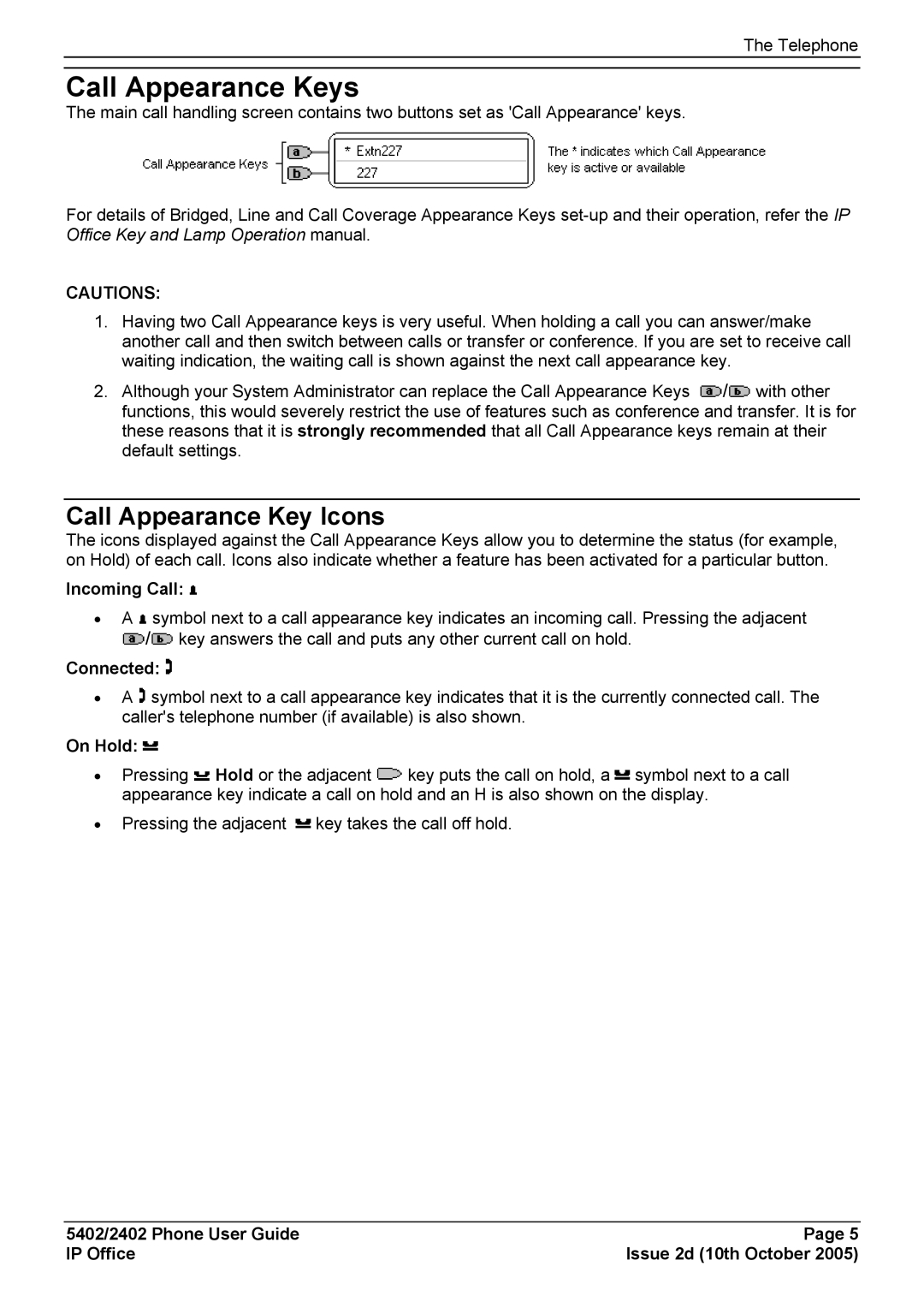 Avaya 5402 manual Call Appearance Keys, Incoming Call, Connected, On Hold 