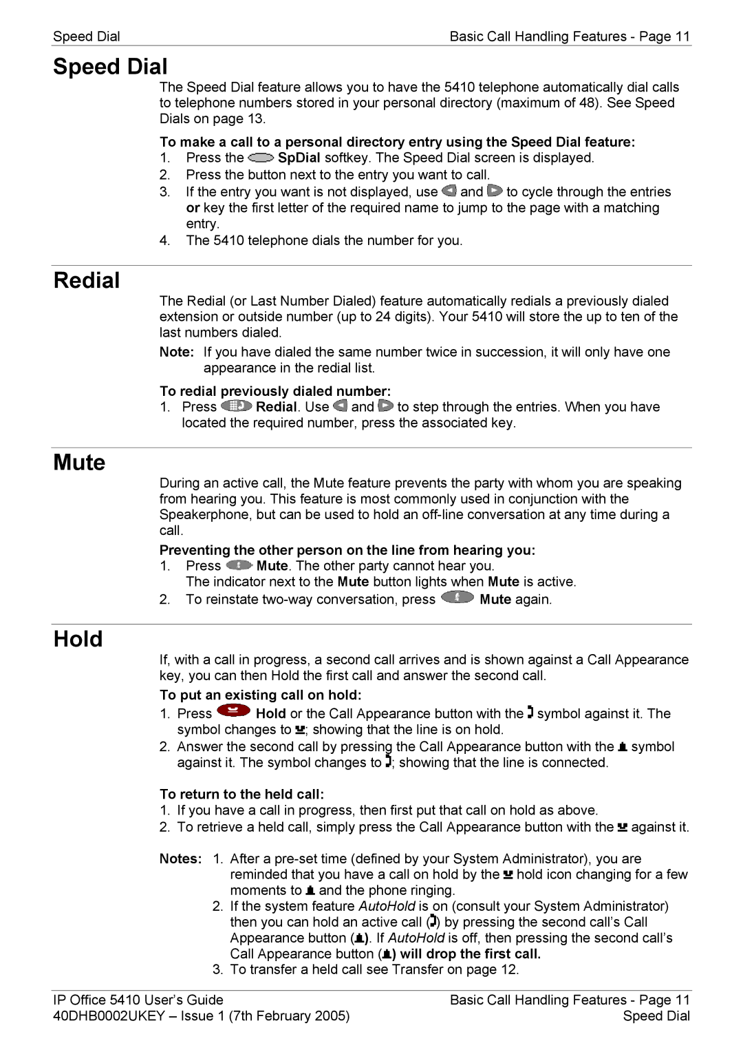 Avaya 5410 manual Speed Dial, Redial, Mute, Hold 