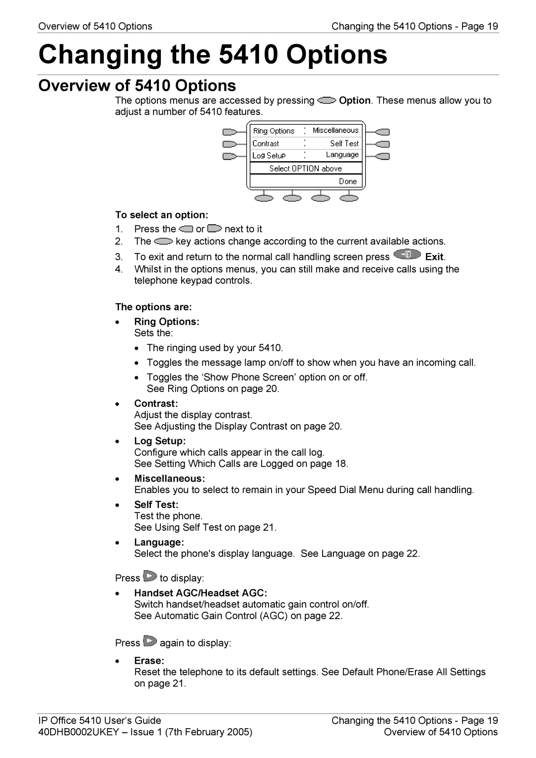 Avaya manual Changing the 5410 Options, Overview of 5410 Options 