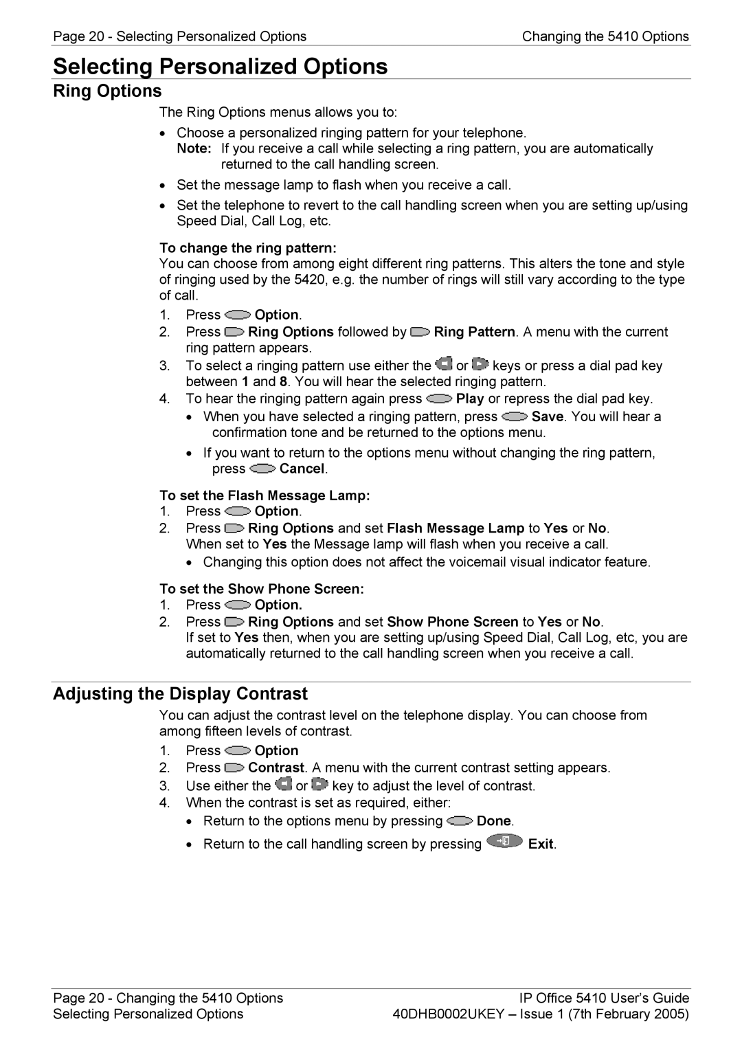 Avaya 5410 manual Selecting Personalized Options, Ring Options, Adjusting the Display Contrast, To change the ring pattern 