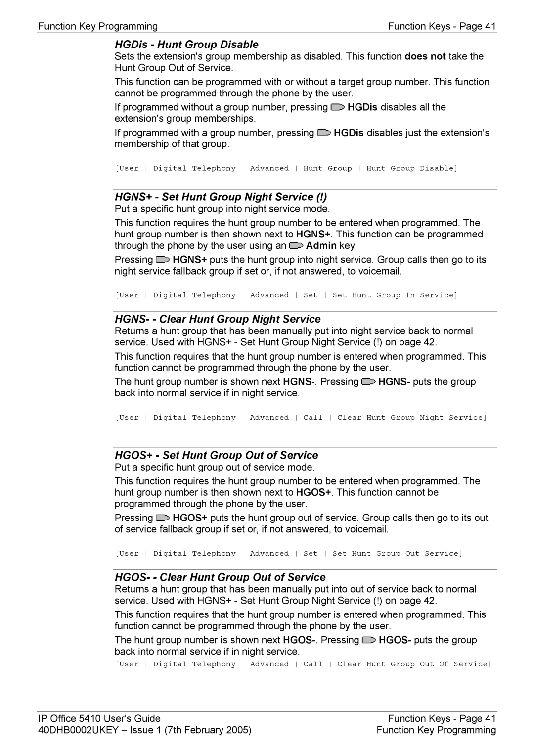 Avaya 5410 manual HGDis Hunt Group Disable, HGNS+ Set Hunt Group Night Service, HGNS- Clear Hunt Group Night Service 
