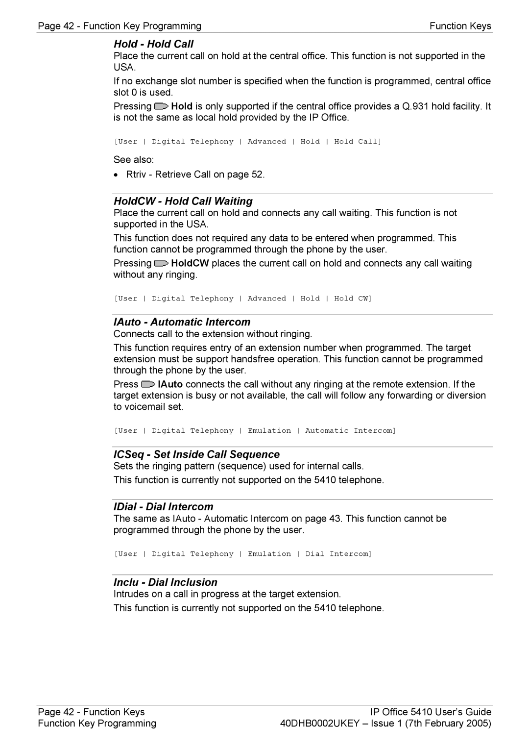 Avaya 5410 manual Hold Hold Call, HoldCW Hold Call Waiting, IAuto Automatic Intercom, ICSeq Set Inside Call Sequence 
