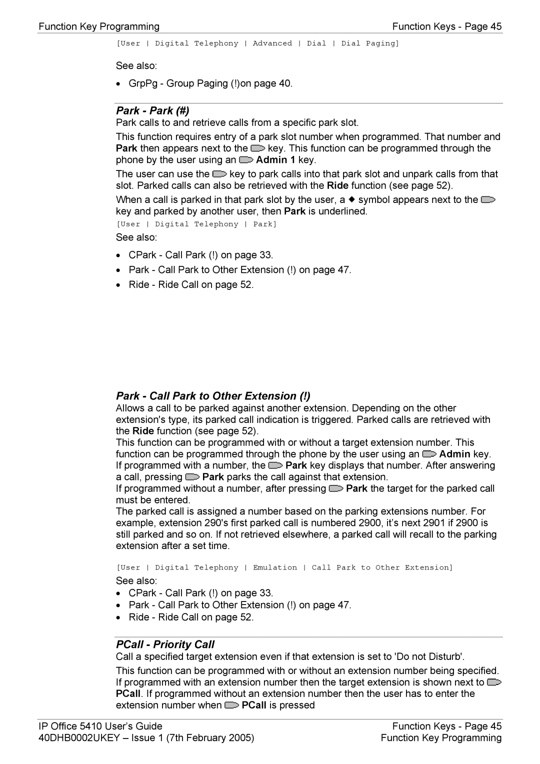 Avaya 5410 manual Park Park #, Park Call Park to Other Extension, PCall Priority Call 