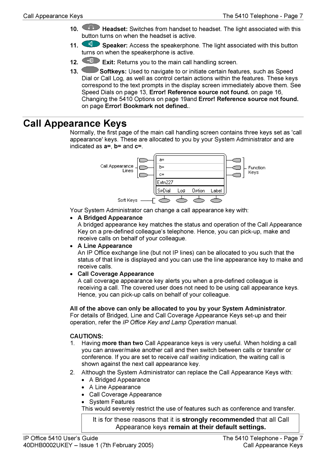 Avaya 5410 manual Call Appearance Keys, Bridged Appearance, Line Appearance, Call Coverage Appearance 