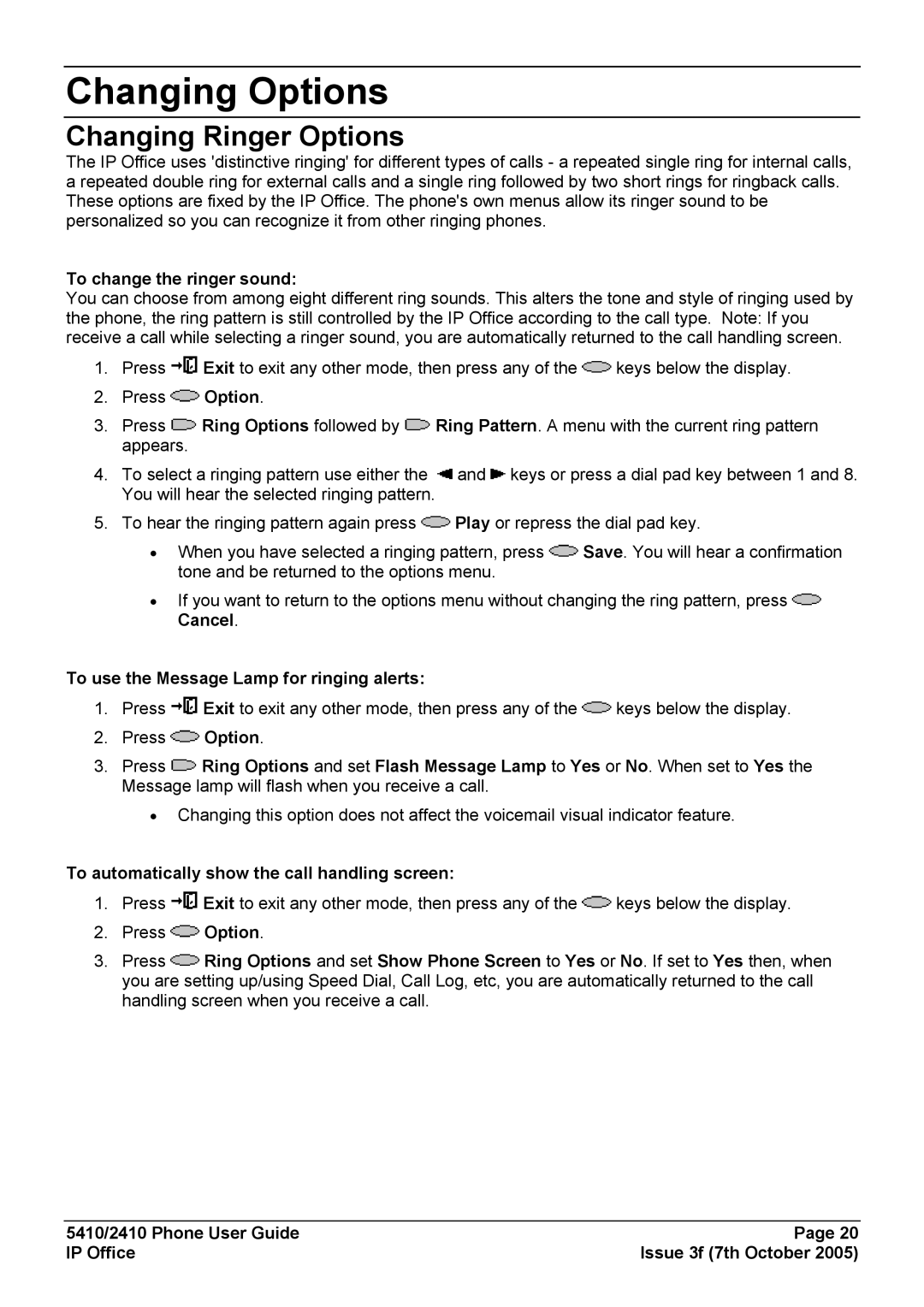 Avaya 5410 manual Changing Options, Changing Ringer Options, To change the ringer sound 