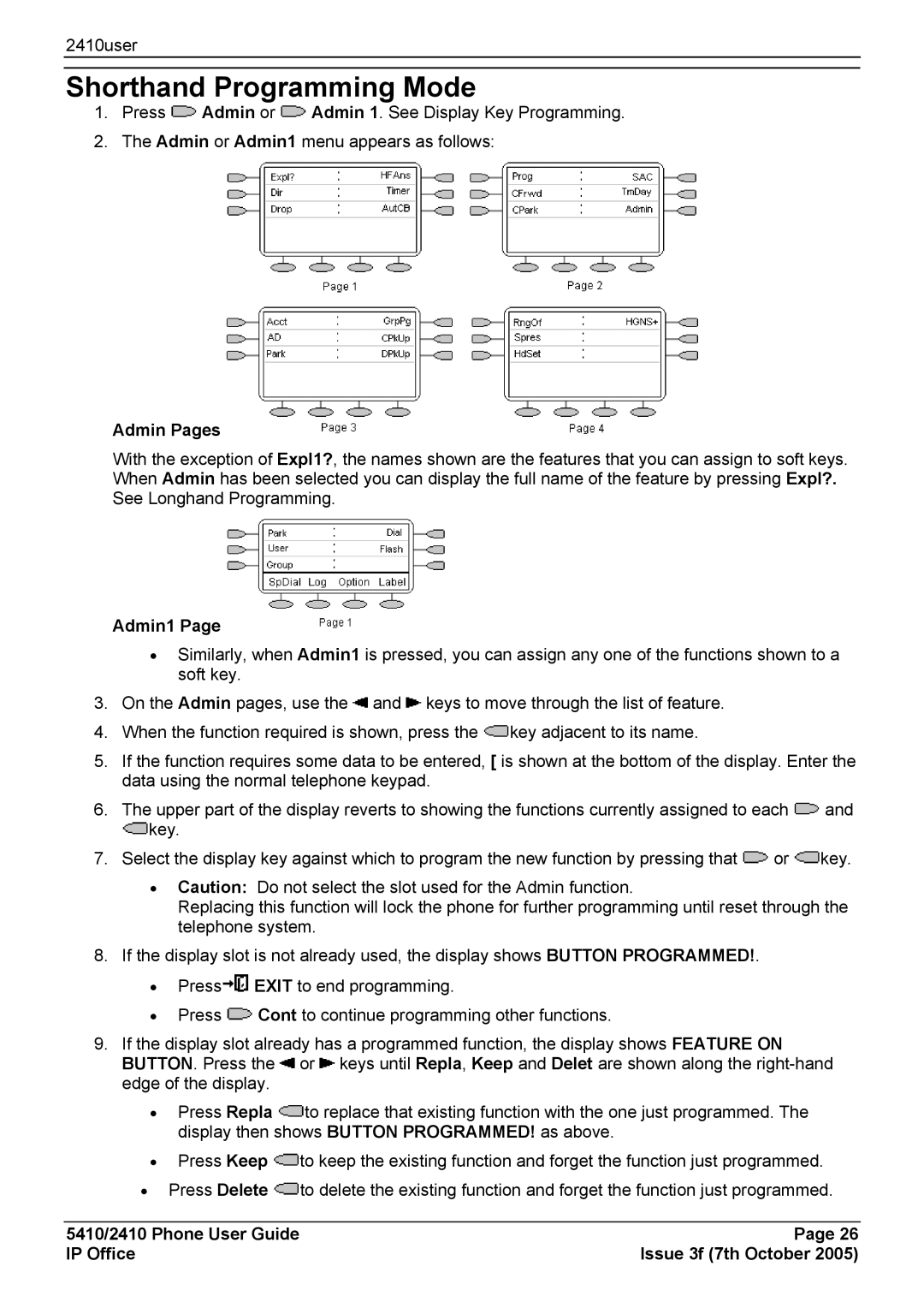 Avaya 5410 manual Shorthand Programming Mode, Admin Pages, Admin1 