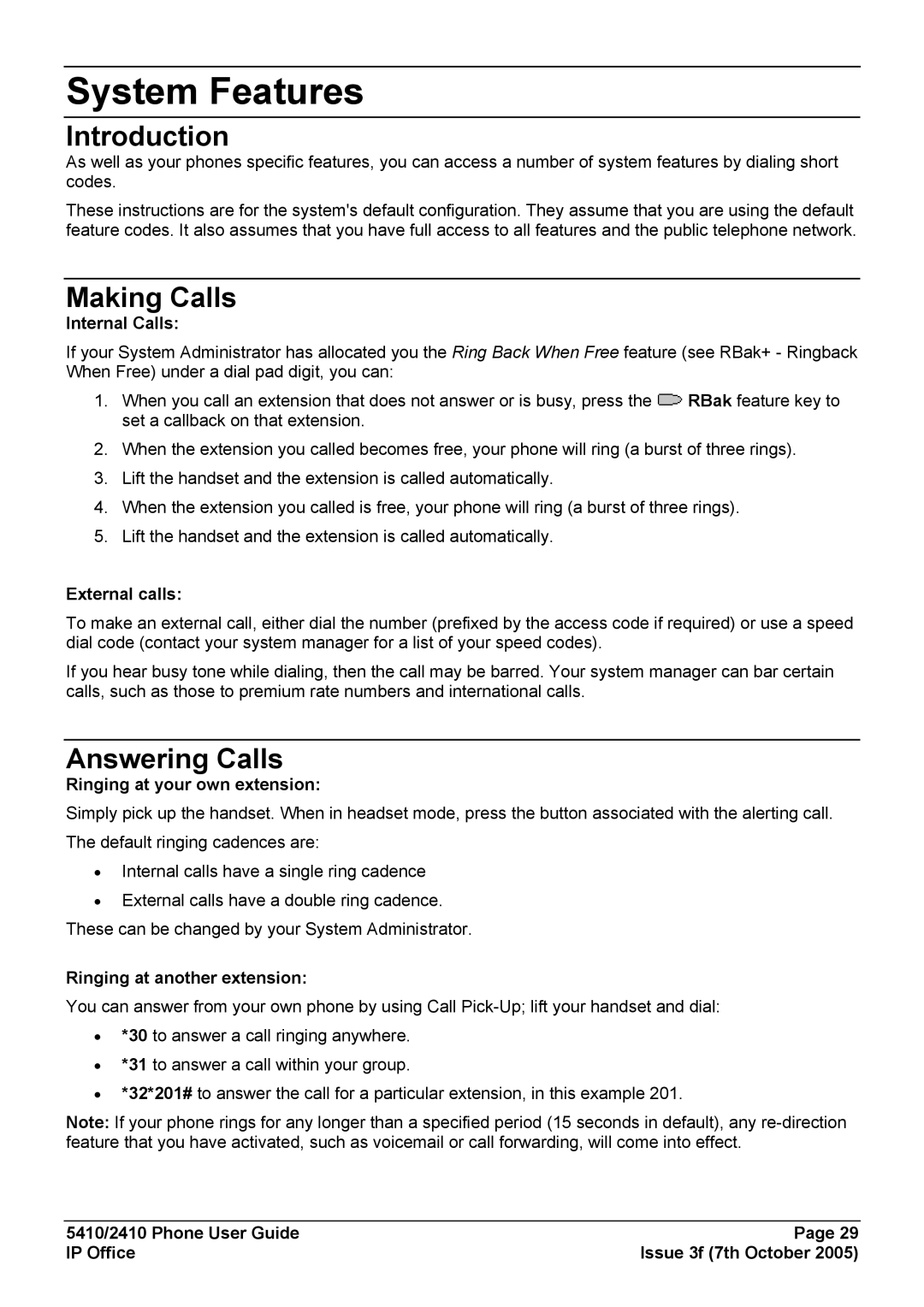 Avaya 5410 manual System Features, Introduction, Making Calls, Answering Calls 