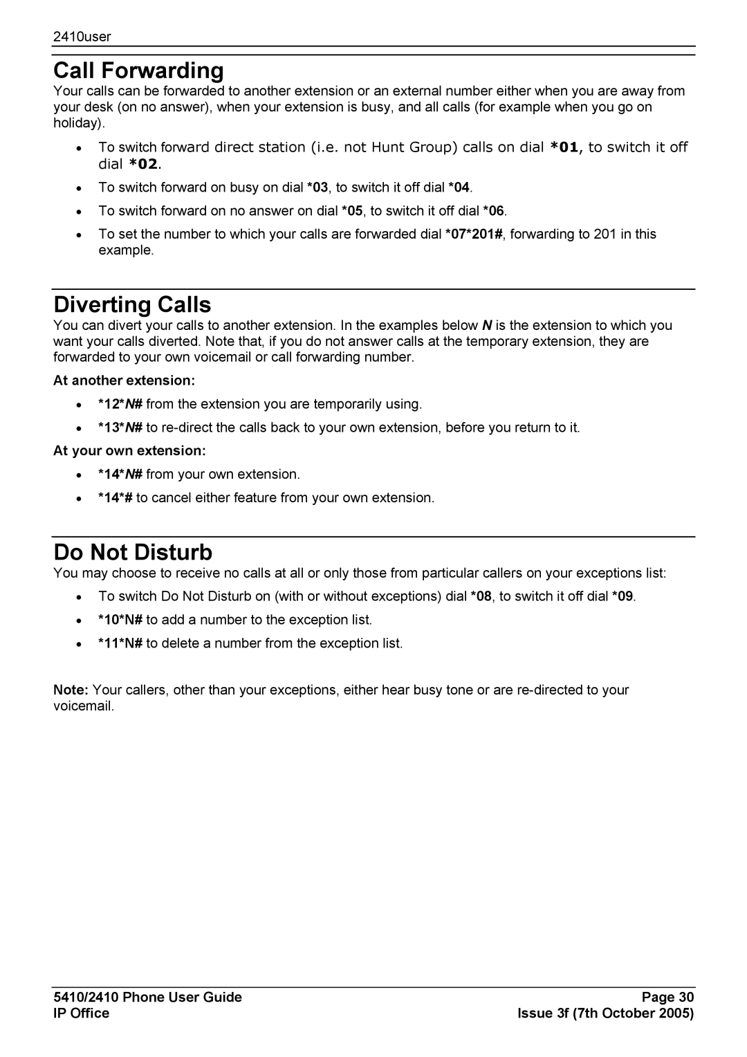 Avaya 5410 manual Call Forwarding, Diverting Calls, Do Not Disturb, At another extension, At your own extension 