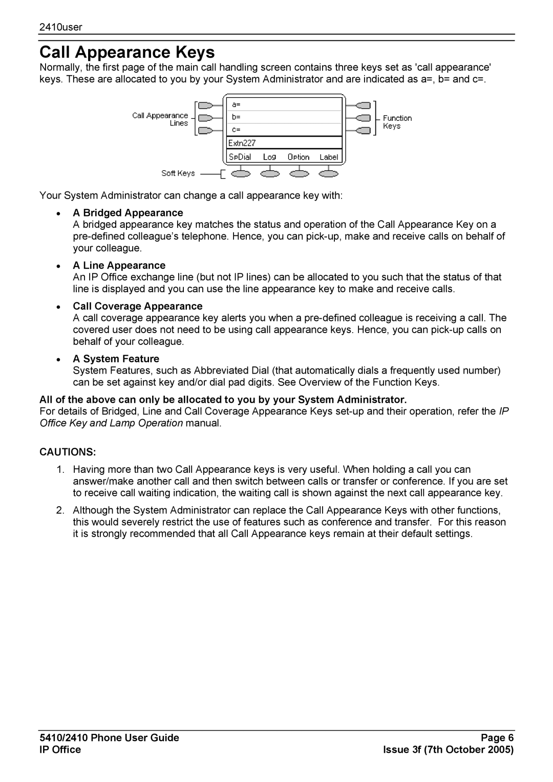 Avaya 5410 manual Call Appearance Keys, Bridged Appearance, Line Appearance, Call Coverage Appearance, System Feature 