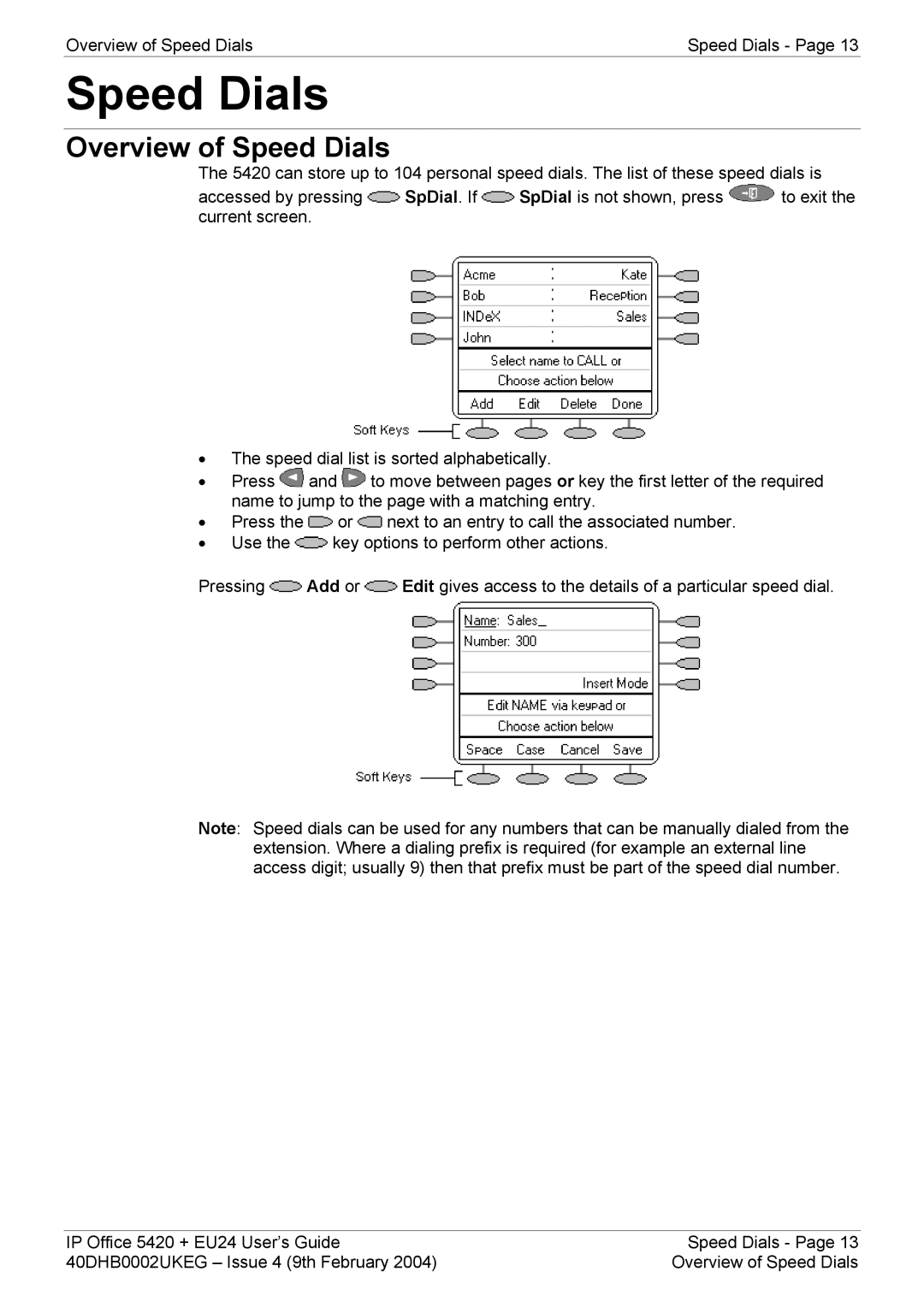 Avaya 5420 + EU24 manual Overview of Speed Dials 