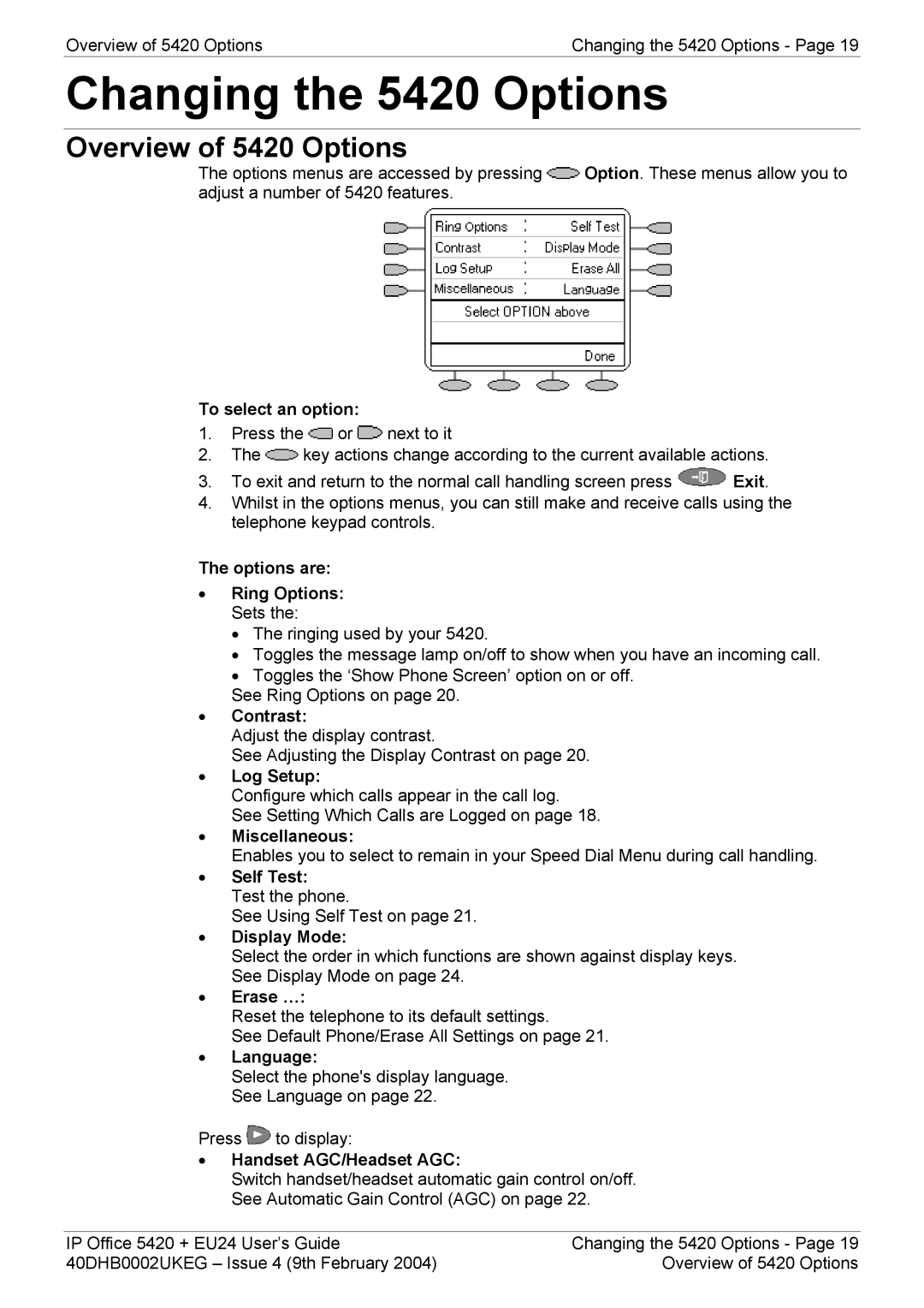 Avaya 5420 + EU24 manual Changing the 5420 Options, Overview of 5420 Options 