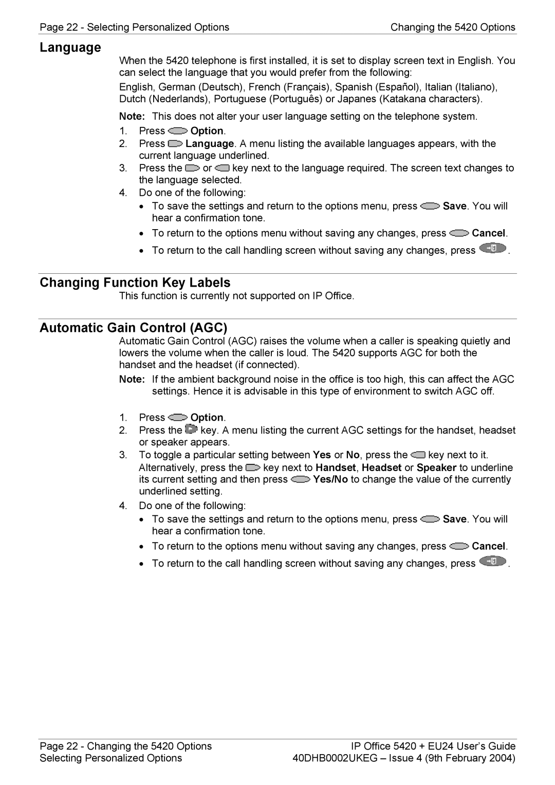 Avaya 5420 + EU24 manual Language, Changing Function Key Labels, Automatic Gain Control AGC 