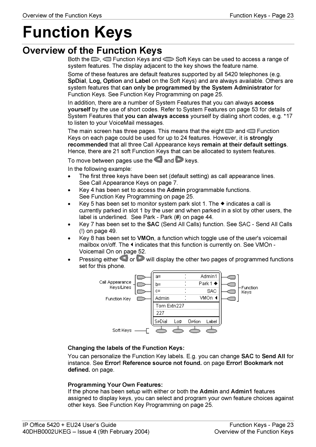 Avaya 5420 + EU24 manual Overview of the Function Keys, Changing the labels of the Function Keys 