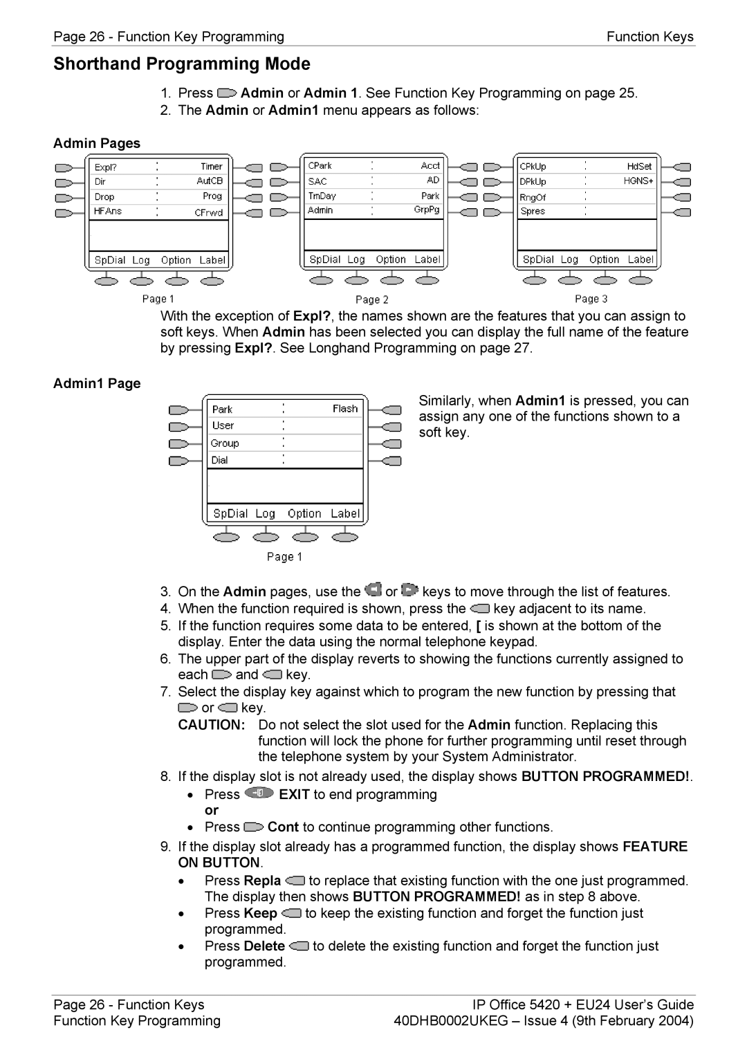 Avaya 5420 + EU24 manual Shorthand Programming Mode, Admin Pages, Admin1 